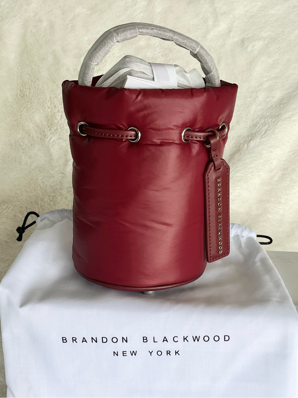 NWT Brandon Blackwood Kamal Burgundy Bucket Bag with Box, Dust Bag & Extra Strap